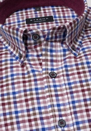 Flanelová košile pánská ETERNA Modern Fit károvaná vínovo modrá barva s kontrastem & button down límcem Non Iron vel.S 38